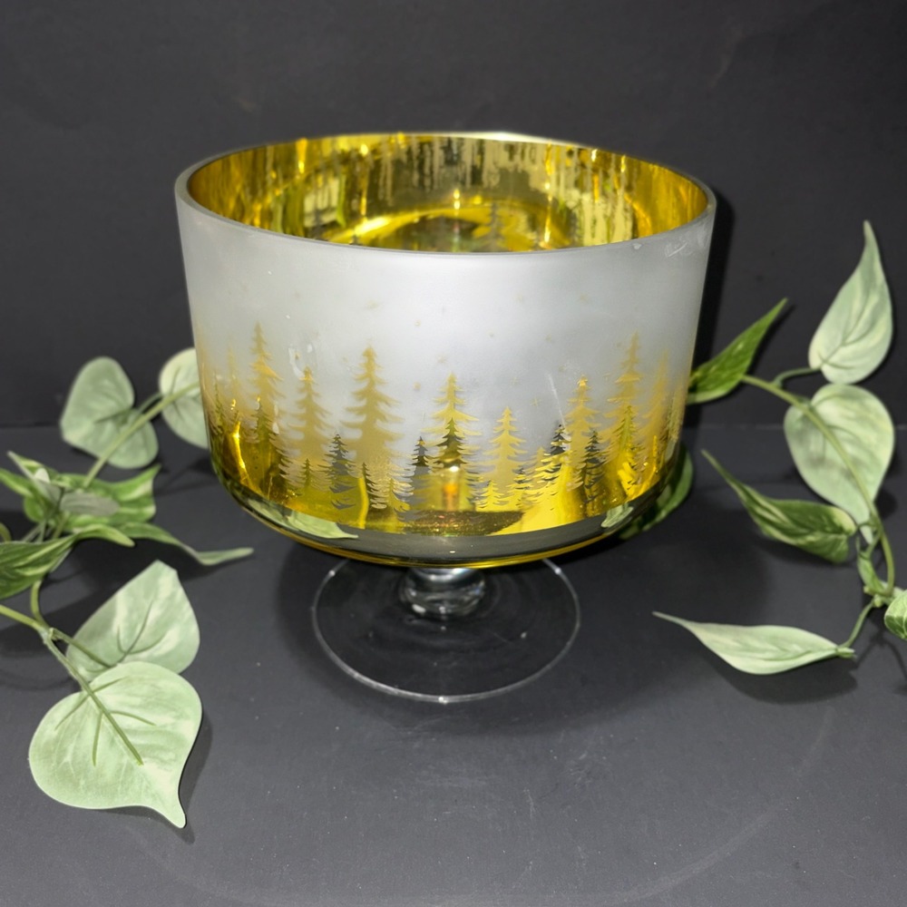 Trifle Bowl Christmas Gold Frosted Glass Pine Tree Forest Holiday Centerpiece 7" - Picture 3 of 16
